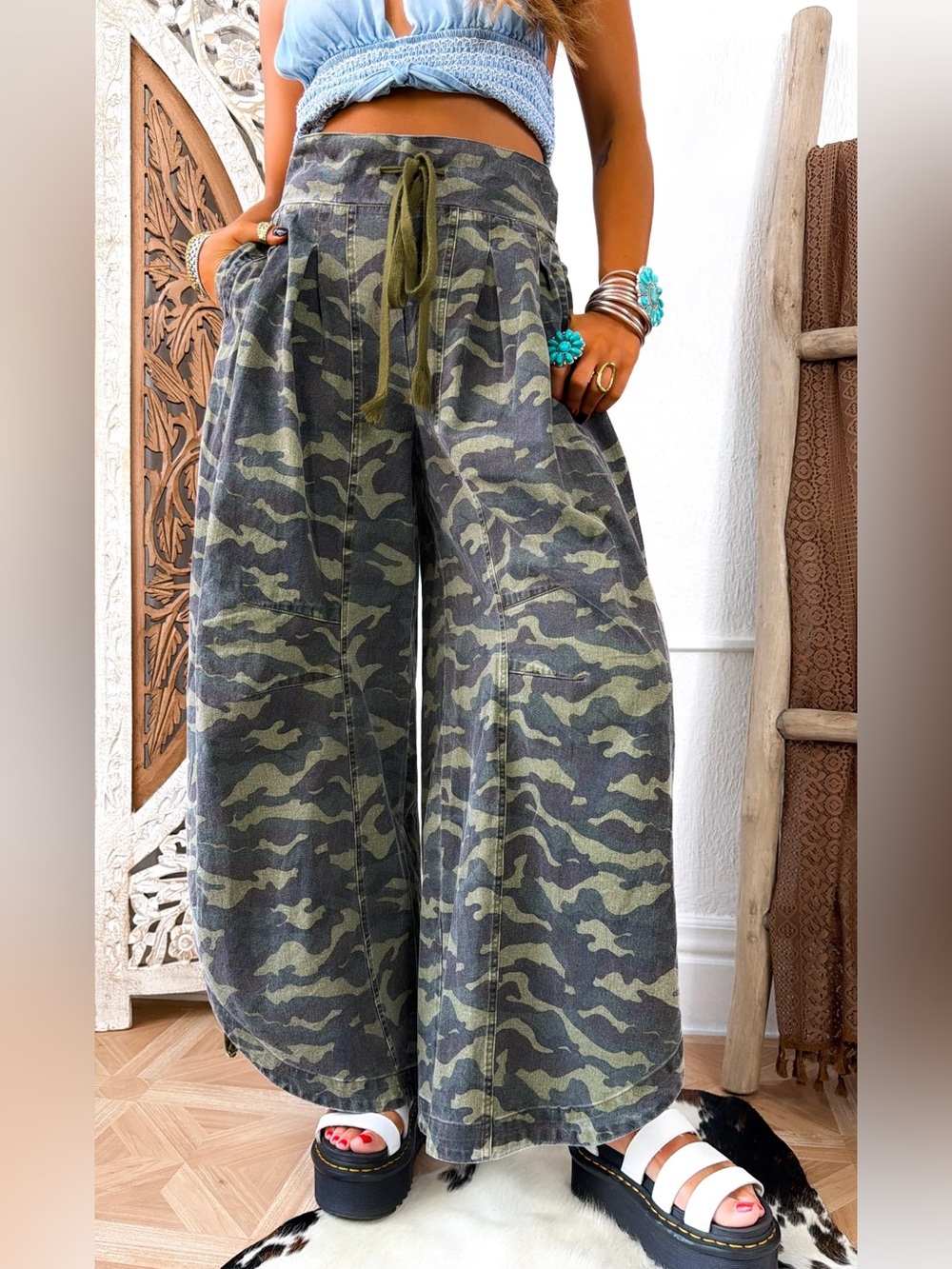 Olive Camo Wide-Leg Drawstring Pants